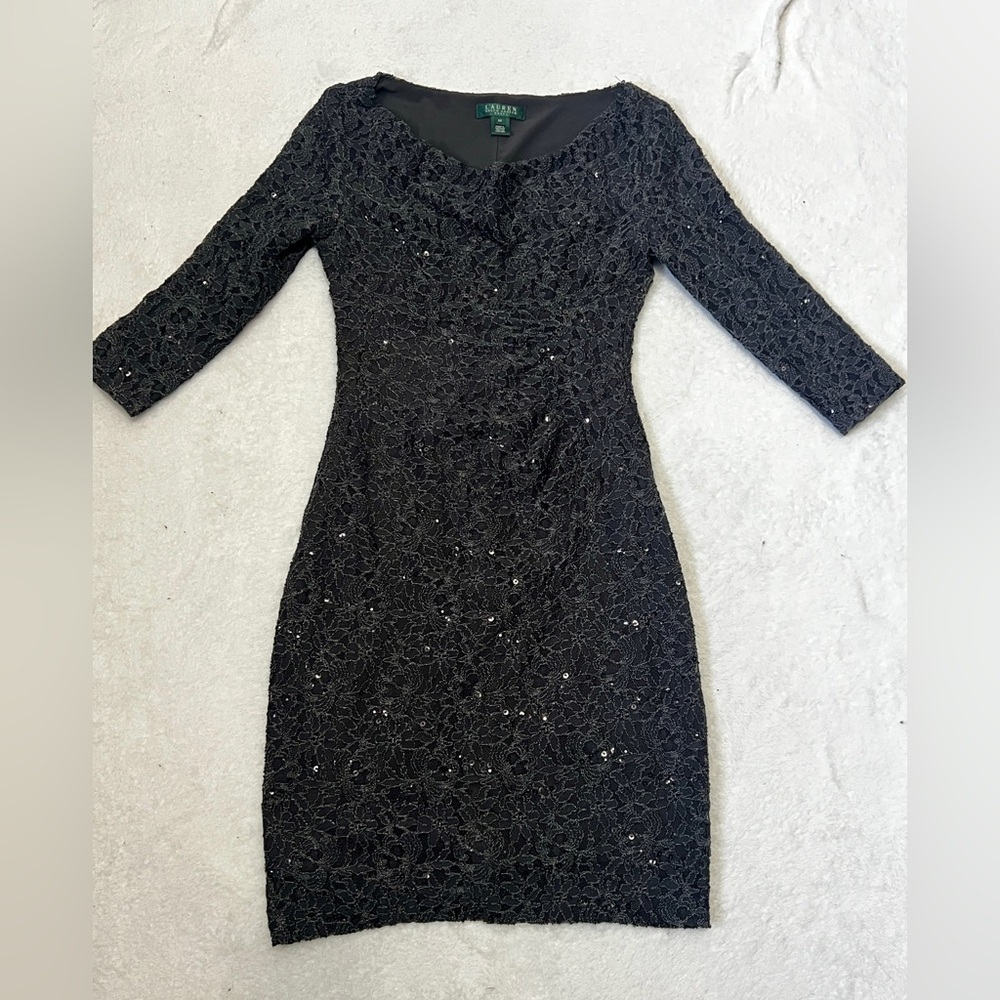 Ralph Lauren Charcoal Sequin Beaded Lace Dress - Size 6P - Picture 2 of 10